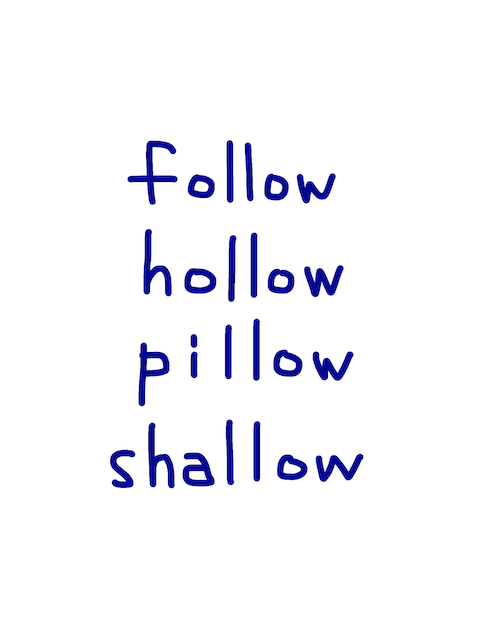 follow/hollow/pillow/shallow 似た英単語/似ている英単語　画像