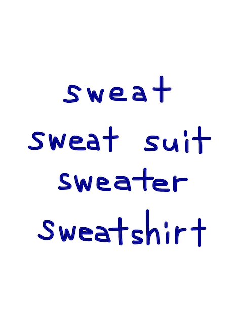 sweat/sweat suit/sweater/sweatshirt 似た英単語/似ている英単語　画像